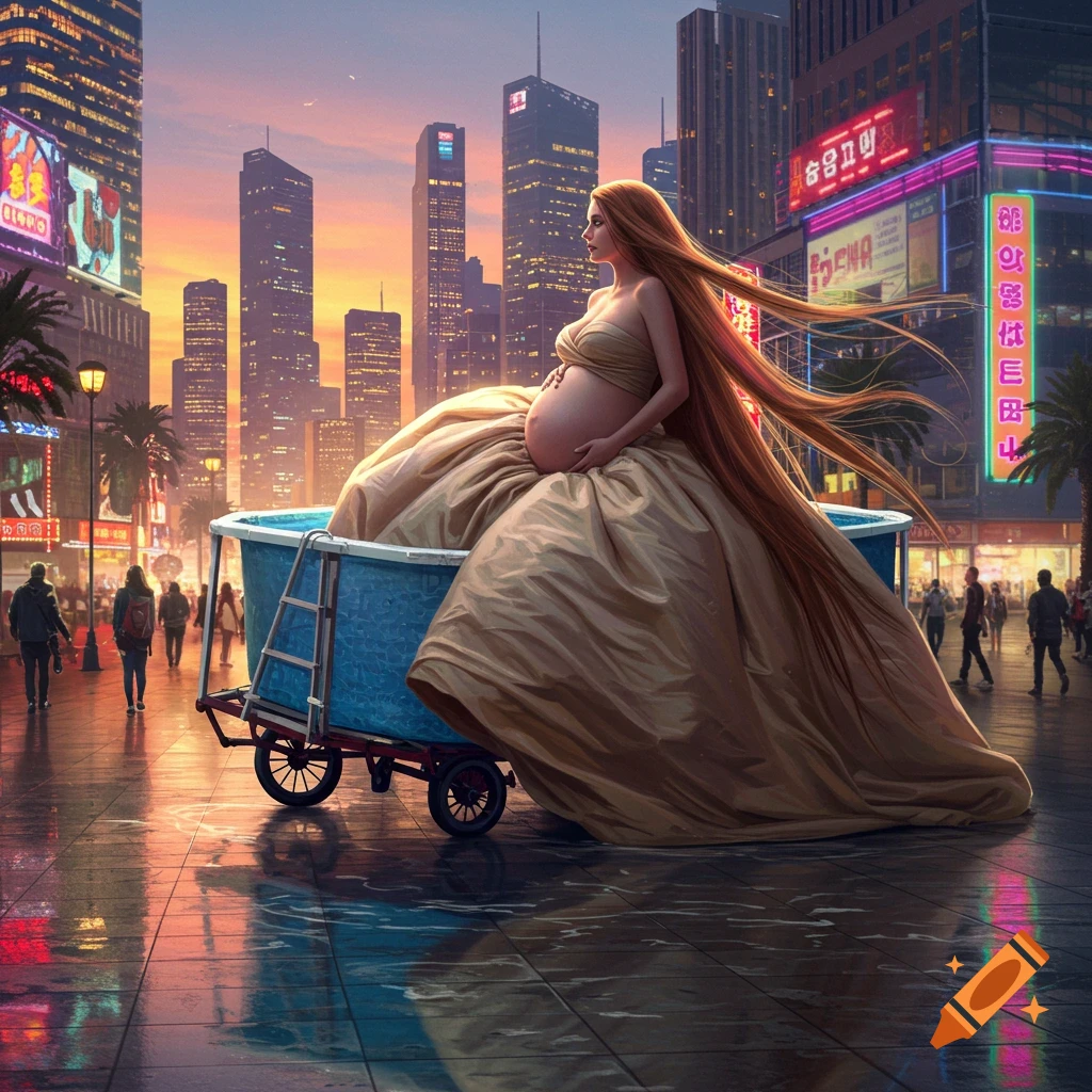 A pregnant woman in a flowing gown sits in a pool on wheels on a city street at sunset, photorealistic.