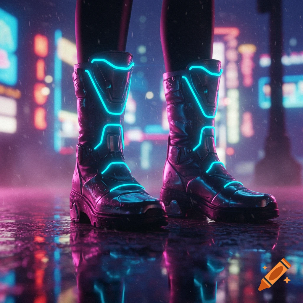 Close-up of black cyberpunk boots with glowing blue neon lights, standing on a wet street reflecting city lights at night.