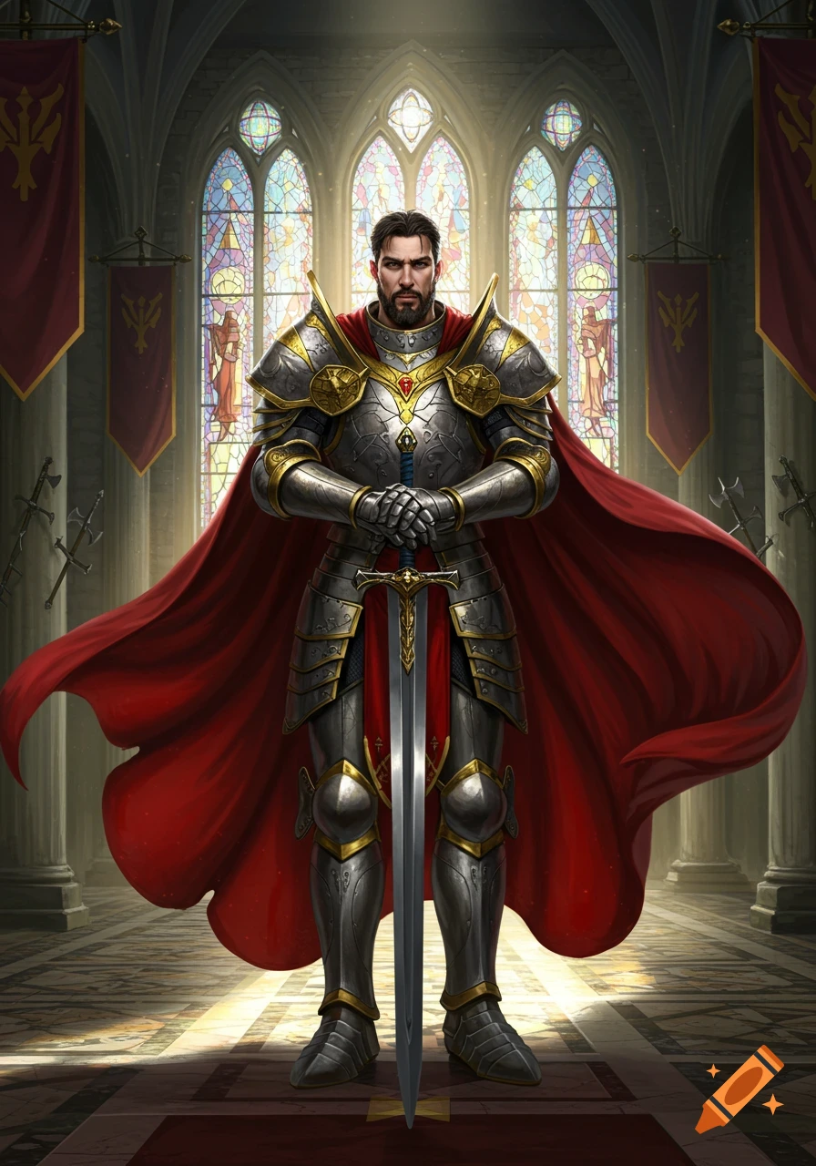 A bearded knight in shining full plate armor and a red cape stands with a sword in a grand cathedral featuring stained glass.