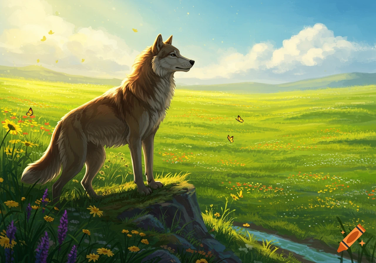 A majestic wolf stands on a rocky outcrop overlooking a vibrant green meadow with wildflowers and butterflies under a bright sky.