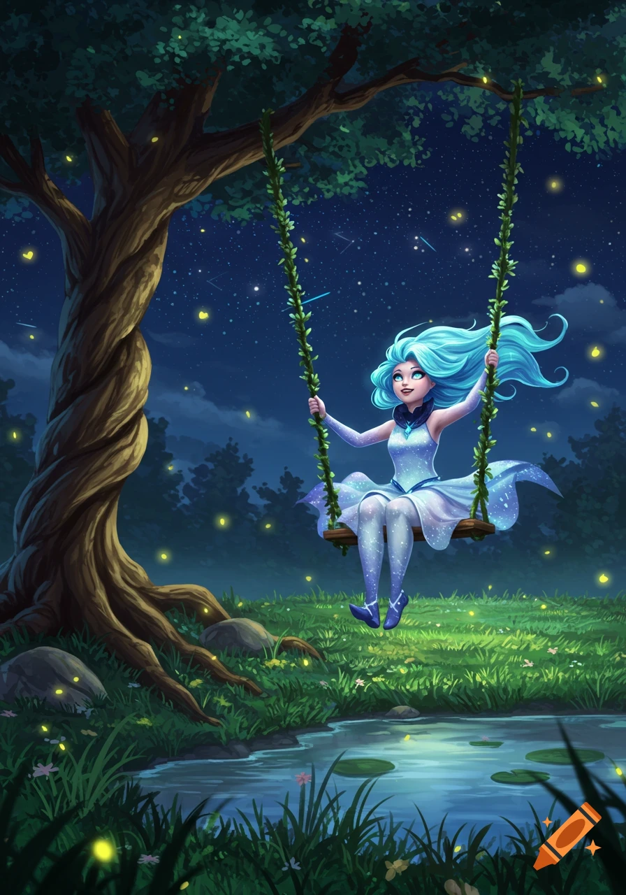 A blue-haired fantasy character in a sparkling white dress swings on a vine in a magical, dark forest with fireflies and stars.
