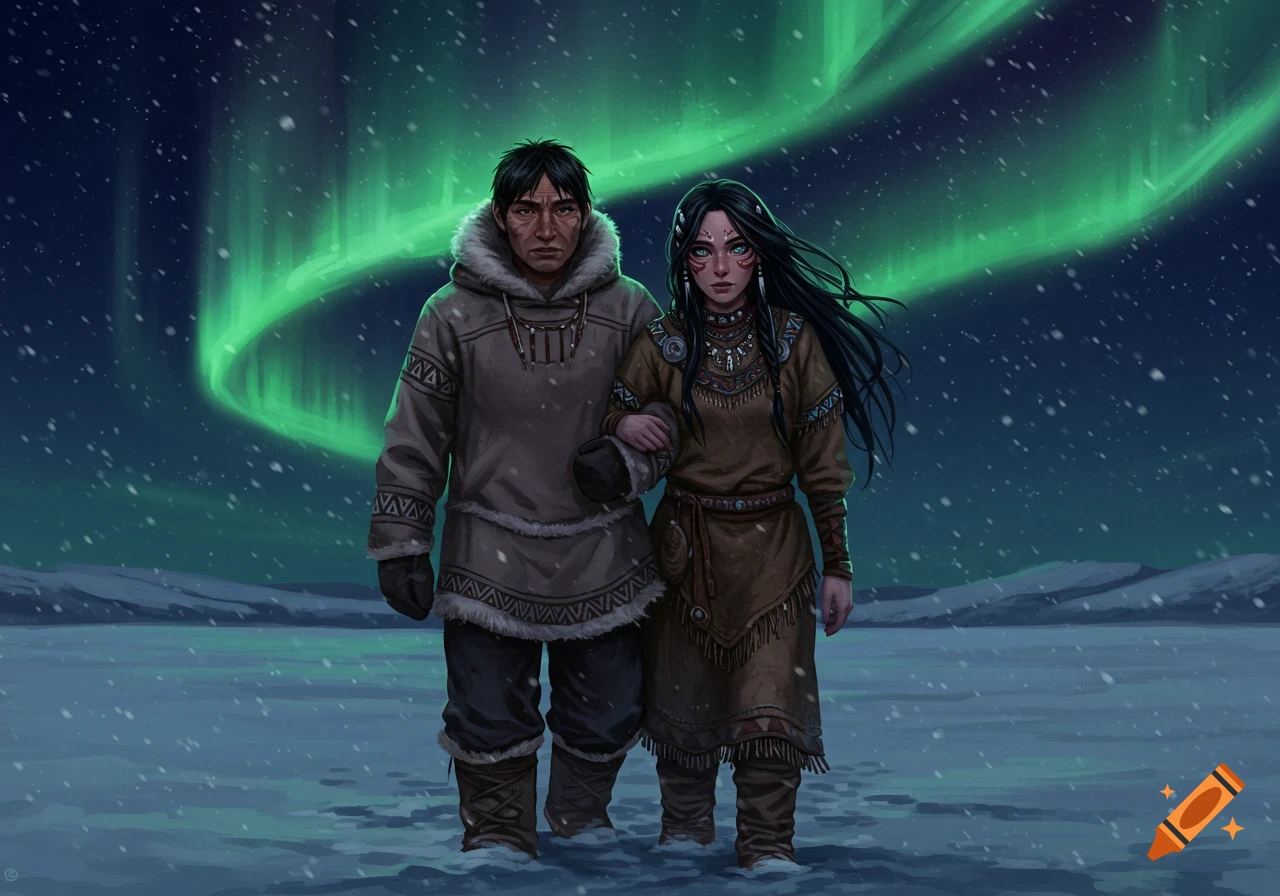 A digital painting of an Indigenous couple walking in a snowy landscape under green aurora borealis. The man wears a fur-lined parka, the woman a brown dress with intricate patterns.