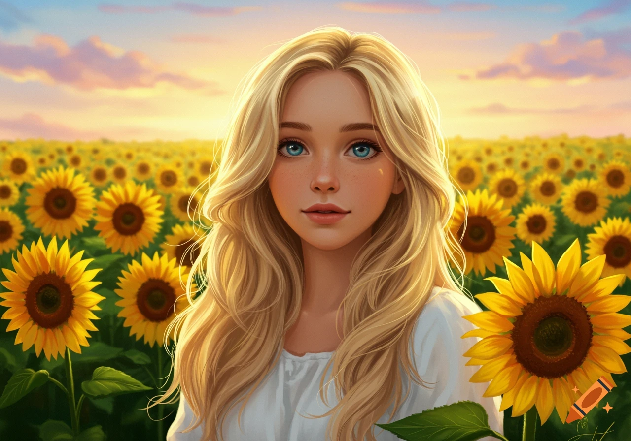 A vibrant digital art portrait of a blonde girl with blue eyes standing in a sunflower field at sunset.
