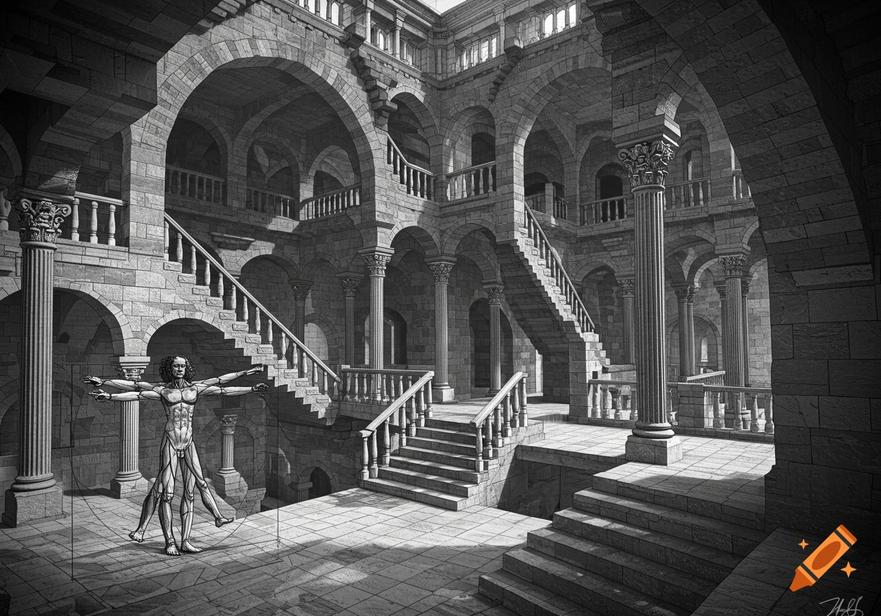 A black and white drawing blending M.C. Escher's impossible architecture with Leonardo da Vinci's Vitruvian Man.