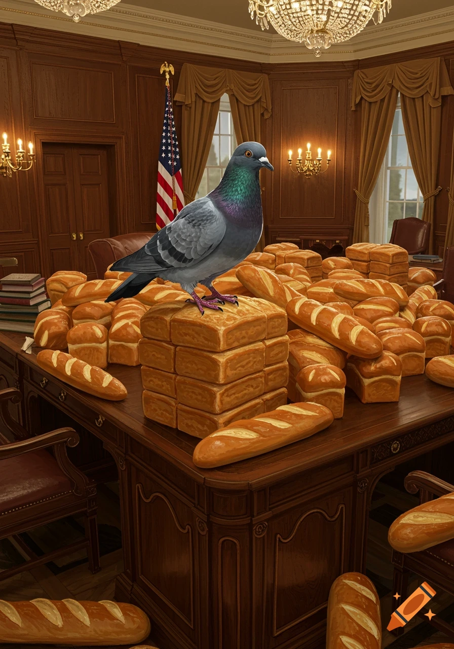A large pigeon sits on a stack of bread loaves covering a formal wooden desk, possibly the President's desk, with a US flag in the background.