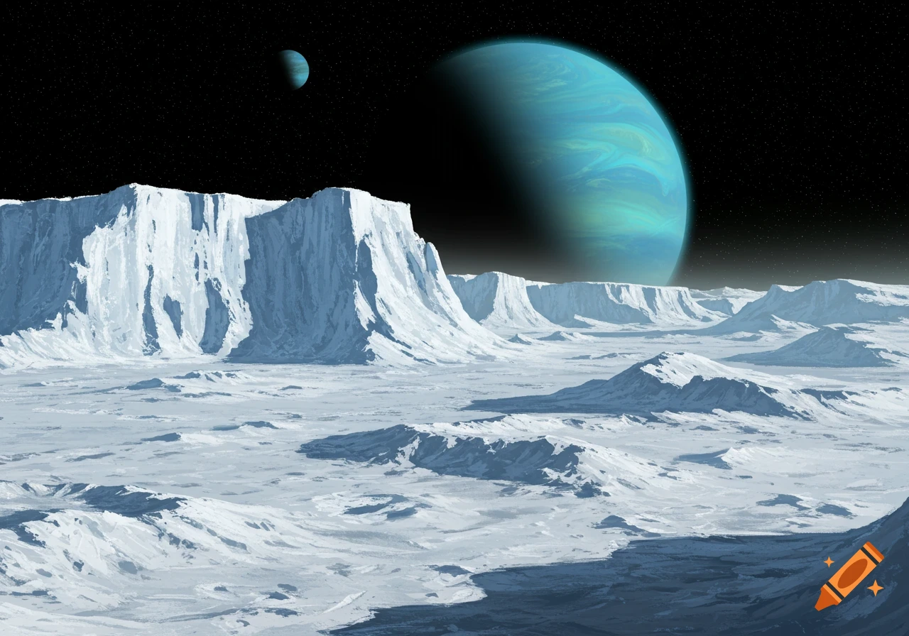 A surreal icy moonscape with towering ice cliffs and frozen terrain under a dark, star-filled sky, dominated by a large blue-green gas giant and a smaller moon.