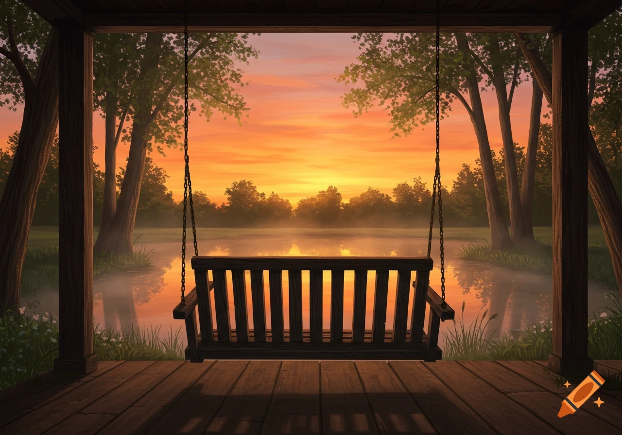 A wooden porch swing overlooks a misty pond and trees at sunset with an orange sky.
