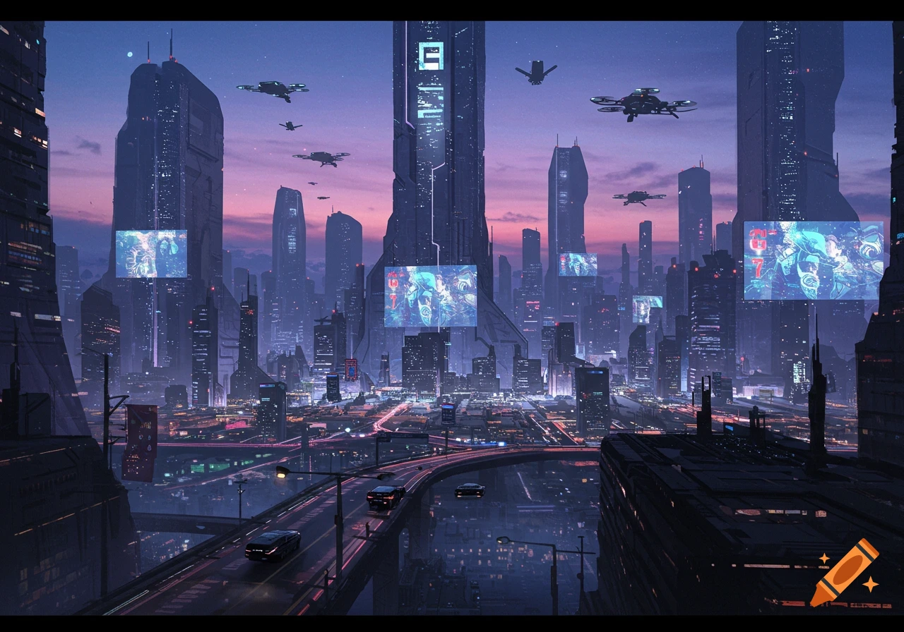 A sprawling futuristic city at dusk with towering skyscrapers, illuminated signs, and flying vehicles over a busy highway.