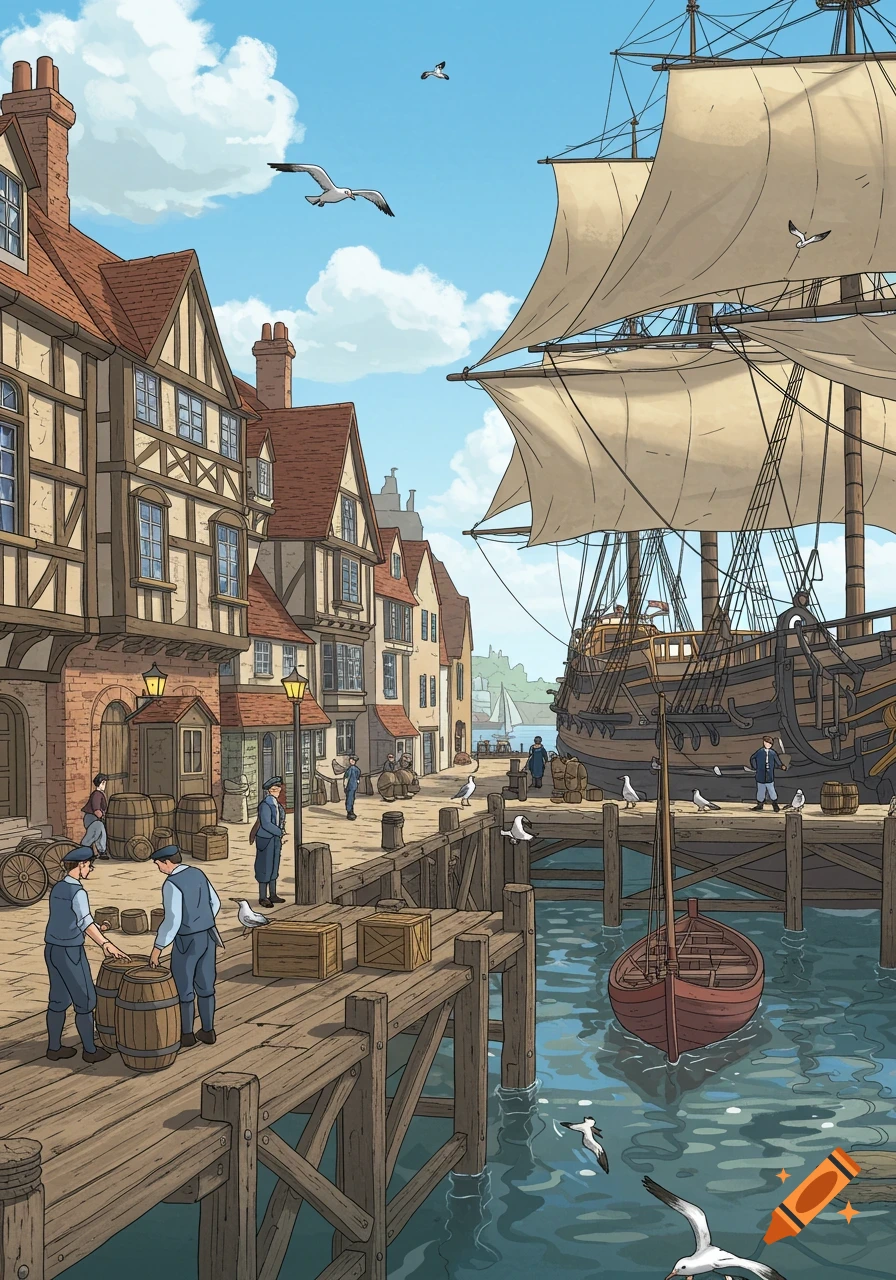 Cartoon of a bustling old English port with large sailing ships, timber-framed buildings, people on docks, and seagulls.