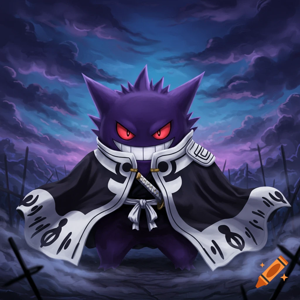 A purple Gengar wearing a black and white samurai-style captain's cloak with a katana, set against a dark, stormy sky.