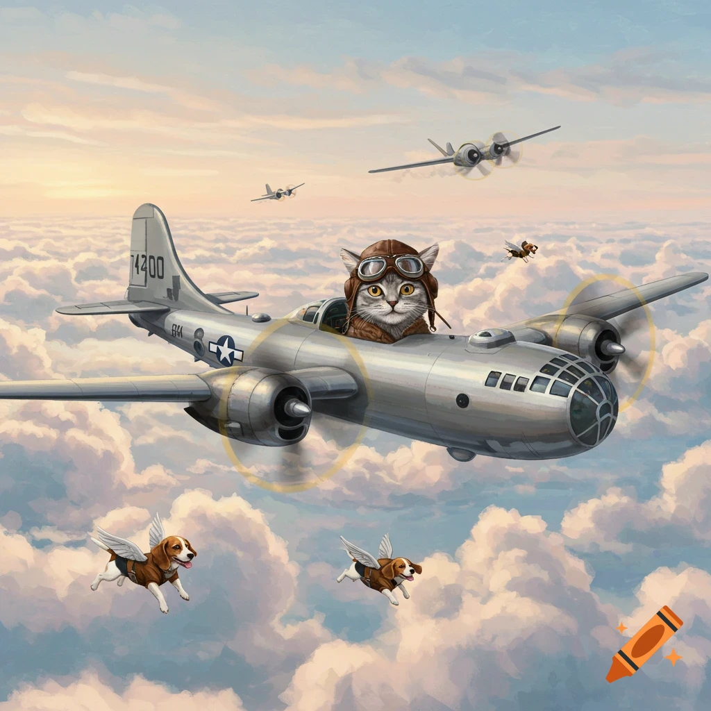A whimsical illustration of a cat pilot in a B-29 bomber flying above clouds with two flying beagles beside the plane.