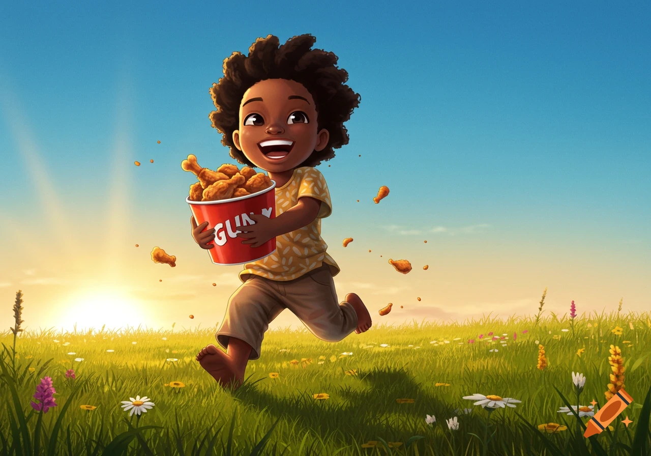 A happy Black child with curly hair runs through a sunny green field, holding a red bucket overflowing with fried chicken. Chicken pieces are spilling out.