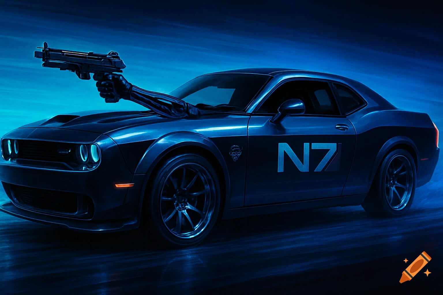 A dark blue Dodge Challenger Hellcat with a robotic arm holding a gun emerging from the hood, featuring 'N7' on its side, against a blue blurred background.