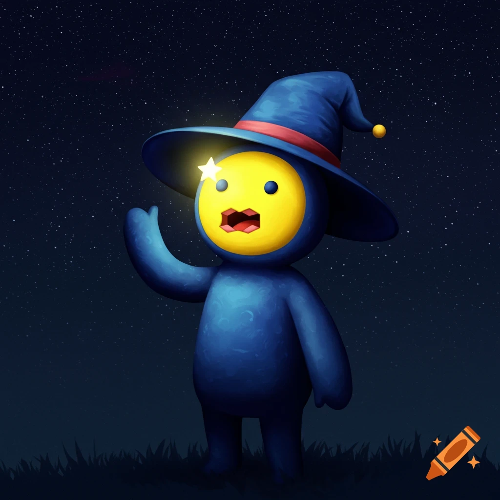 A blue, cartoon-like character with a yellow face and a blue wizard hat stands under a starry night sky with a glowing star above its eye.