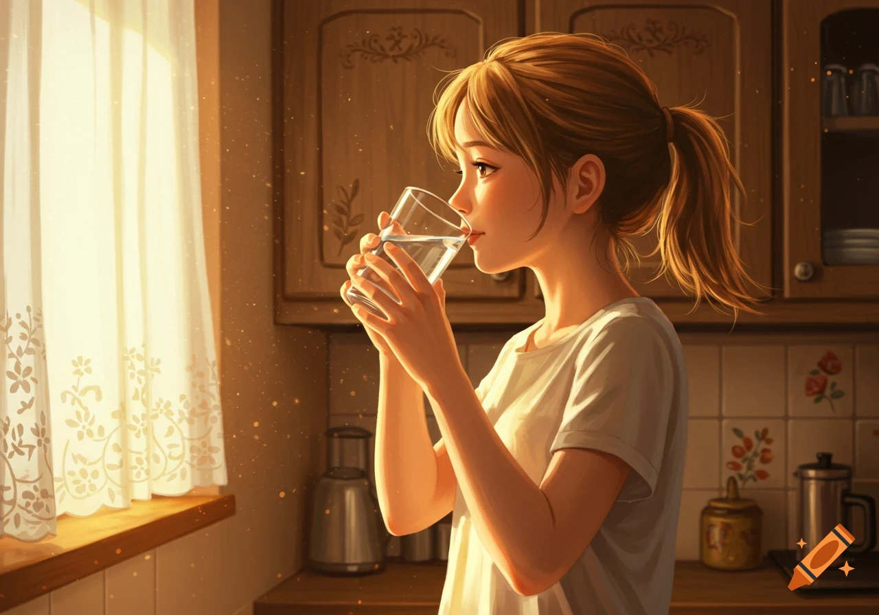 An anime-style illustration of a girl with a ponytail drinking water in a sunlit kitchen.