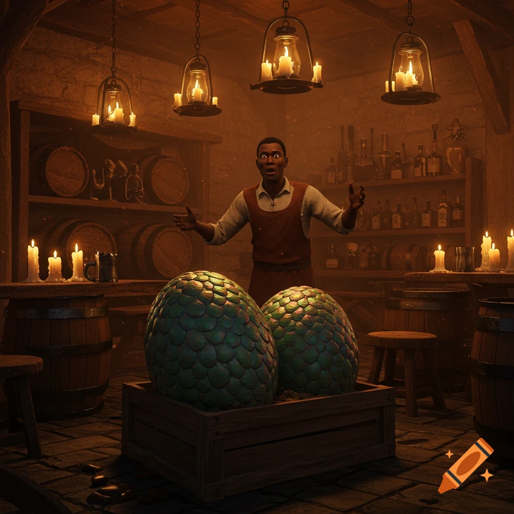 A surprised tavern owner stands behind two large green dragon eggs in a dimly lit, candlelit cellar.