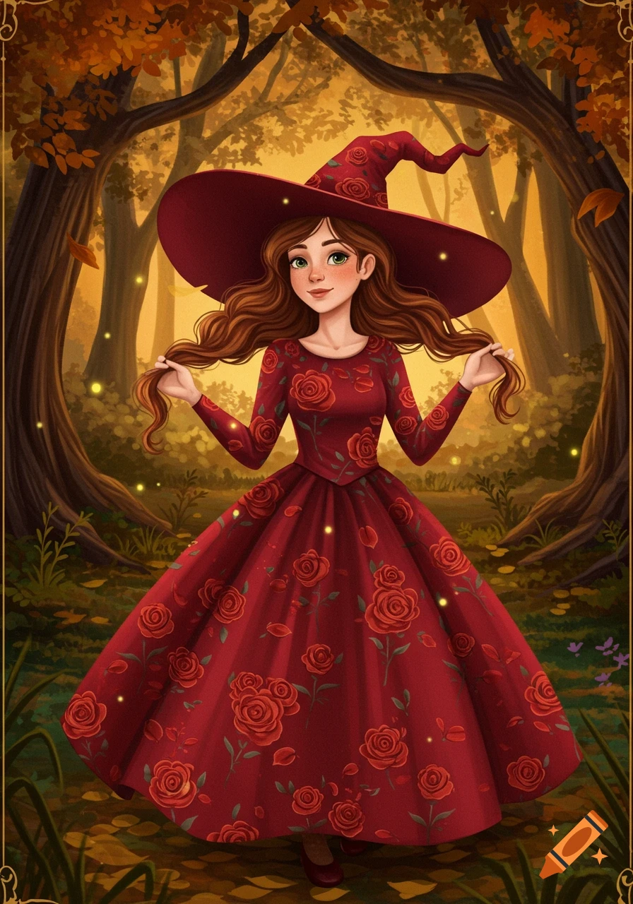 An illustration of a smiling witch in a red, rose-patterned dress and hat, standing in an autumn forest.