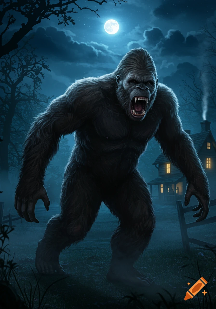 A fearsome Bigfoot roars under a full moon at night, in front of a distant country cottage with glowing windows.