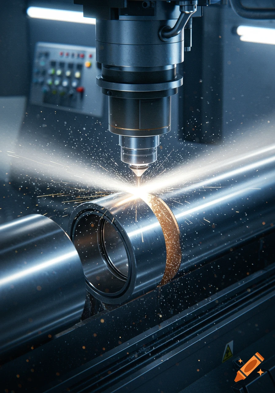 Close-up of a CNC machine cutting a large metal tube with bright sparks flying, photorealistic.