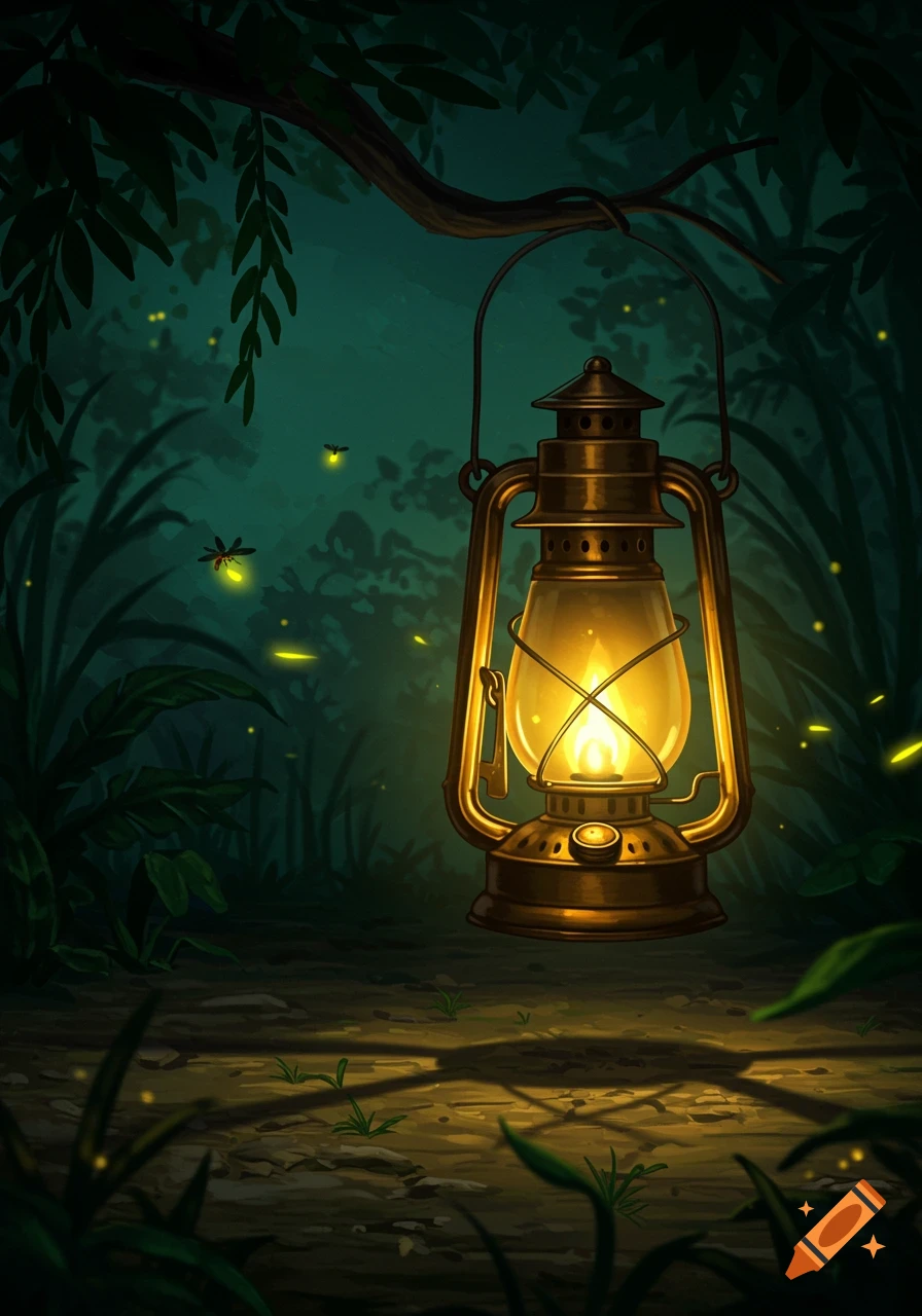 A glowing traditional lantern hangs in a dark, lush forest at night, surrounded by luminous fireflies, in a stylized illustration.