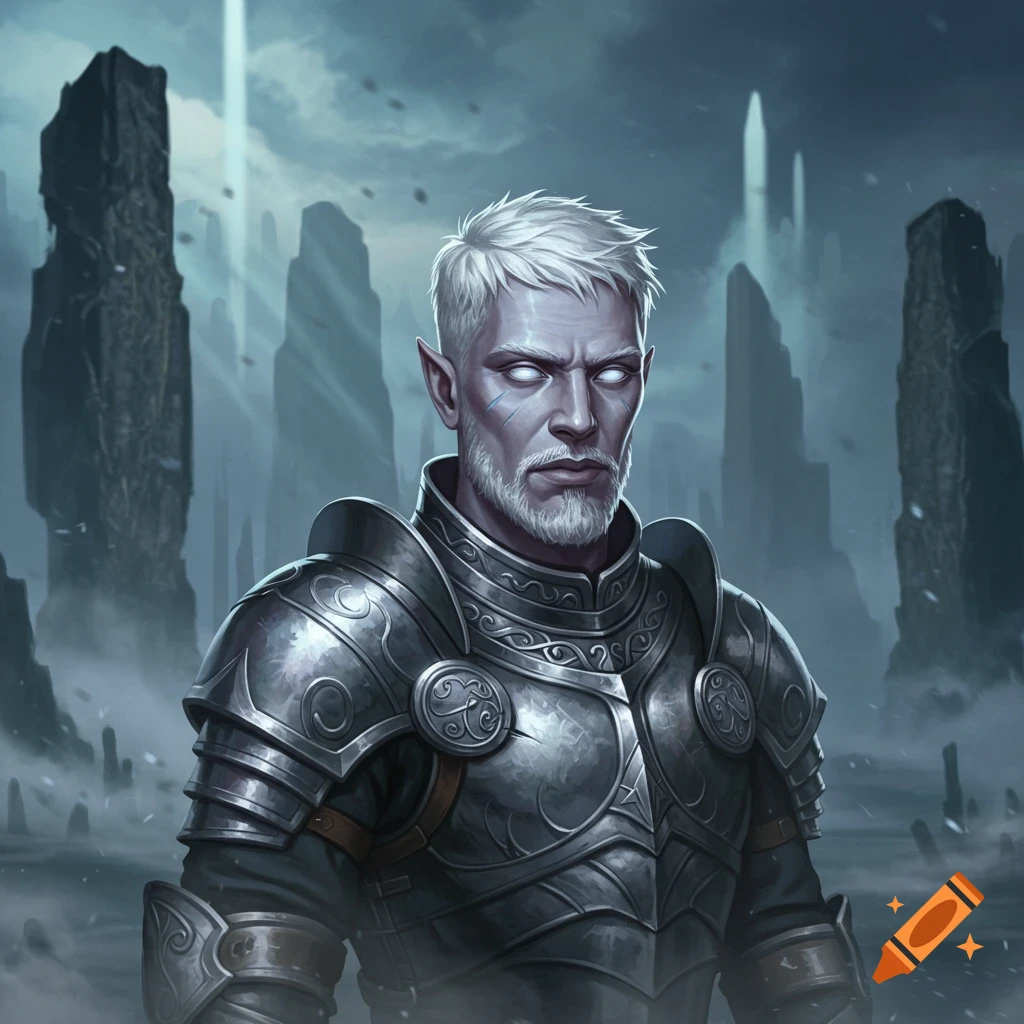 A fantasy man with white hair, gray skin, glowing white eyes, and a beard wearing elaborate silver armor, standing in a misty, ruined landscape.