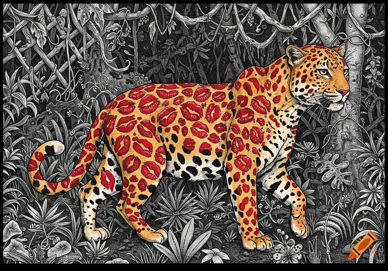 A stylized leopard with red lipstick kiss marks for spots walks through a dense, dark ink-drawn jungle.