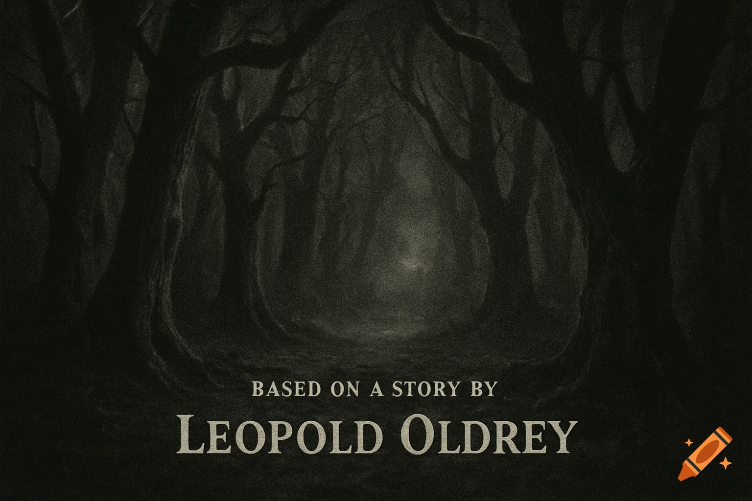 A grainy, dark gothic forest with shadowy trees and a path leading into a light mist, with text 'Based on a story by Leopold Oldrey' at the bottom.