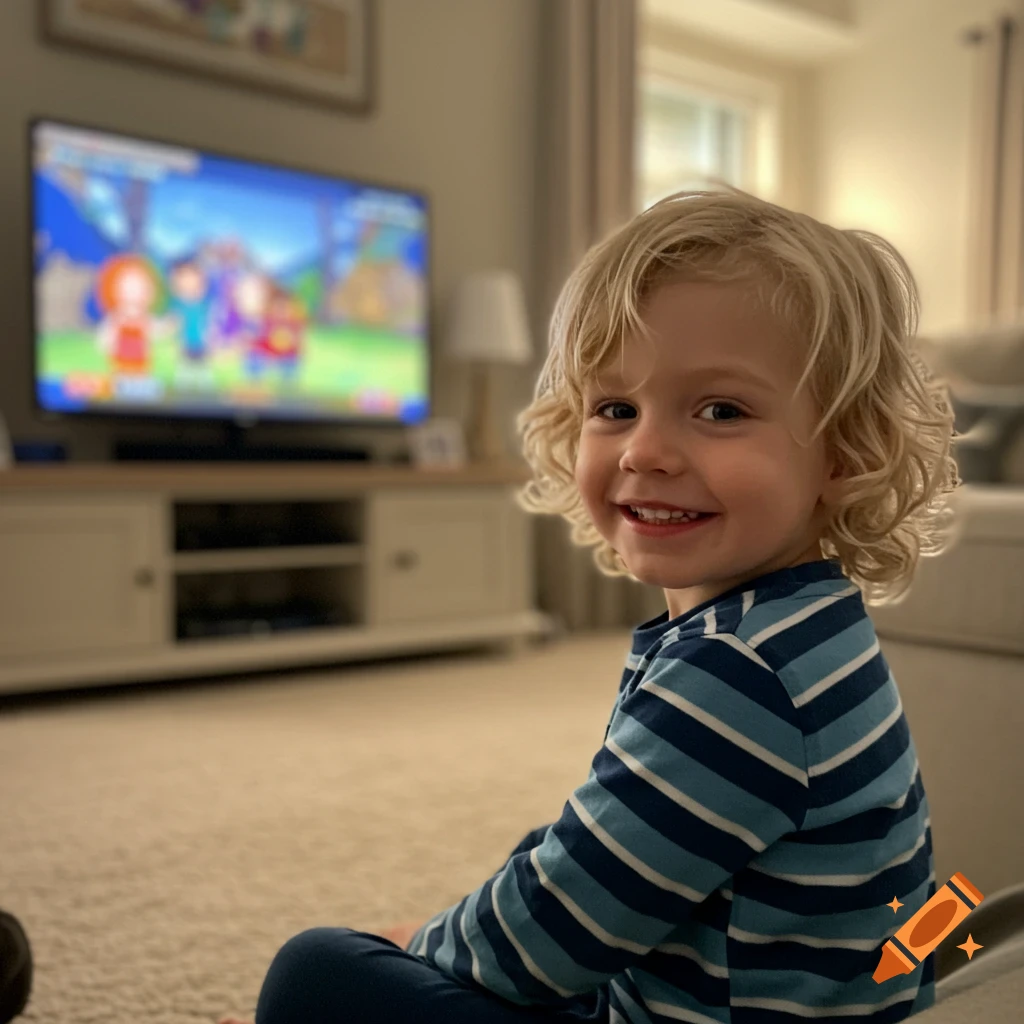 A smiling blond little boy with curly hair sits on the floor in a living room, looking back at the camera, with a blurred TV in the background.
