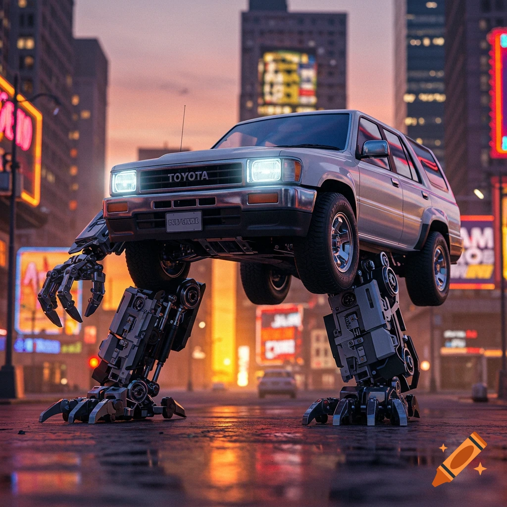 A white 1991 Toyota 4Runner SUV transforms into a robot, standing on its mechanical legs with glowing headlights on a city street at dusk.