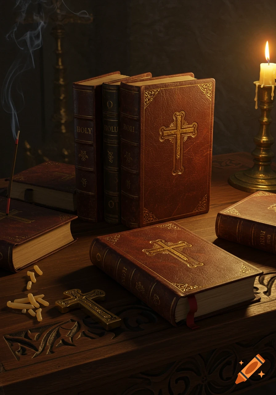 Still life photo of leather-bound Bibles with crosses on their covers, an incense stick, and a lit candle on a dark wooden table.