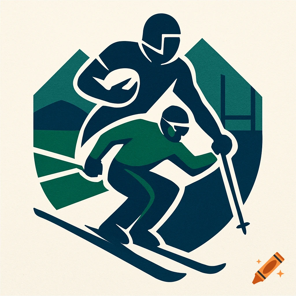 A minimalist logo showing a dark blue rugby player holding a ball above a green skier, set against a mountainous background.