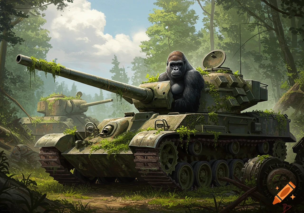 A realistic illustration of a large gorilla sitting atop an old, overgrown military tank in a dense jungle, with another tank in the background.