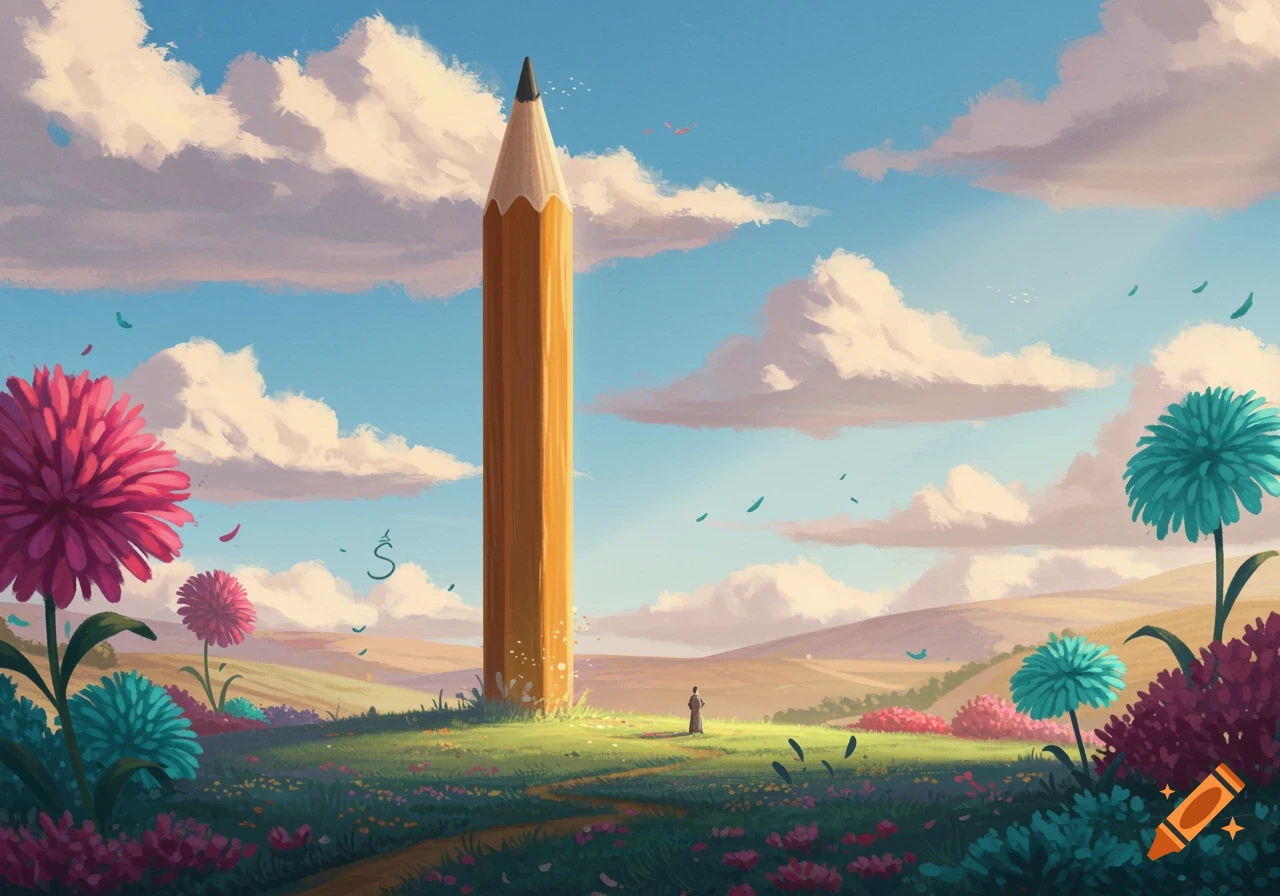A whimsical landscape features a giant pencil standing vertically in a field of colorful flowers under a bright sky with fluffy clouds. A tiny figure stands near its base on a winding path.