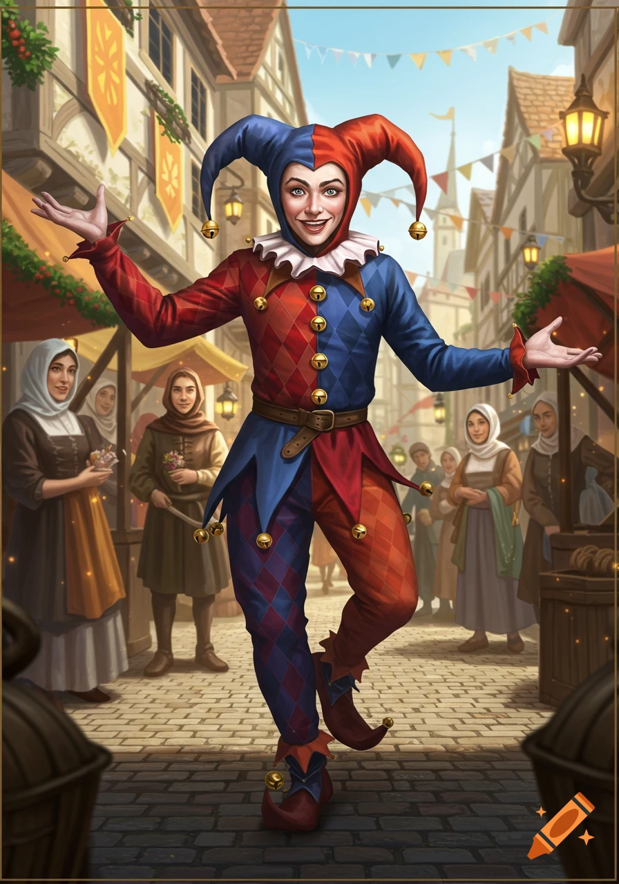 A cheerful jester in a red and blue diamond-patterned outfit stands with outstretched arms in a bustling medieval street scene.