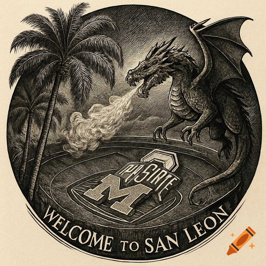 Highly detailed black and white engraving of a dragon breathing fire onto a stadium logo with palm trees in a circular frame with text.