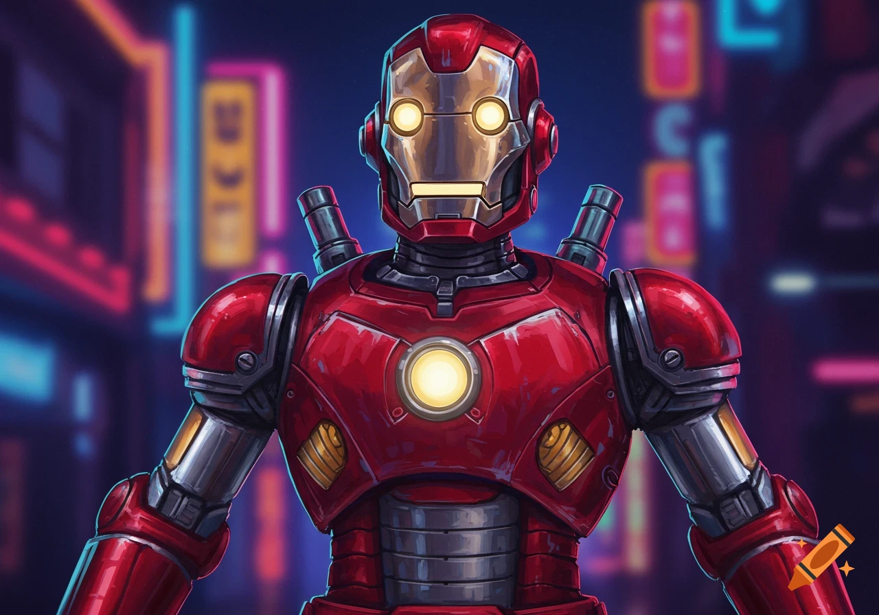 A retro-style robot resembling Iron Man with glowing eyes and chest stands against a blurred neon cityscape background.