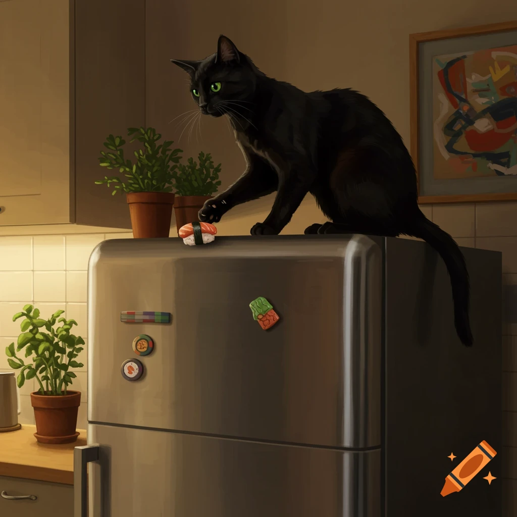 A black cat sits on top of a stainless steel refrigerator in a kitchen, touching a sushi-shaped magnet.