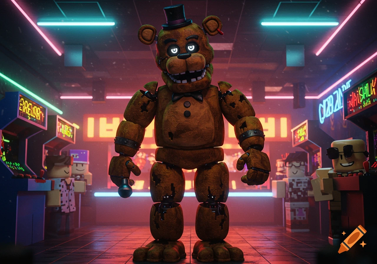 Freddy Fazbear stands menacingly in a neon-lit arcade with blocky Roblox characters in the background.