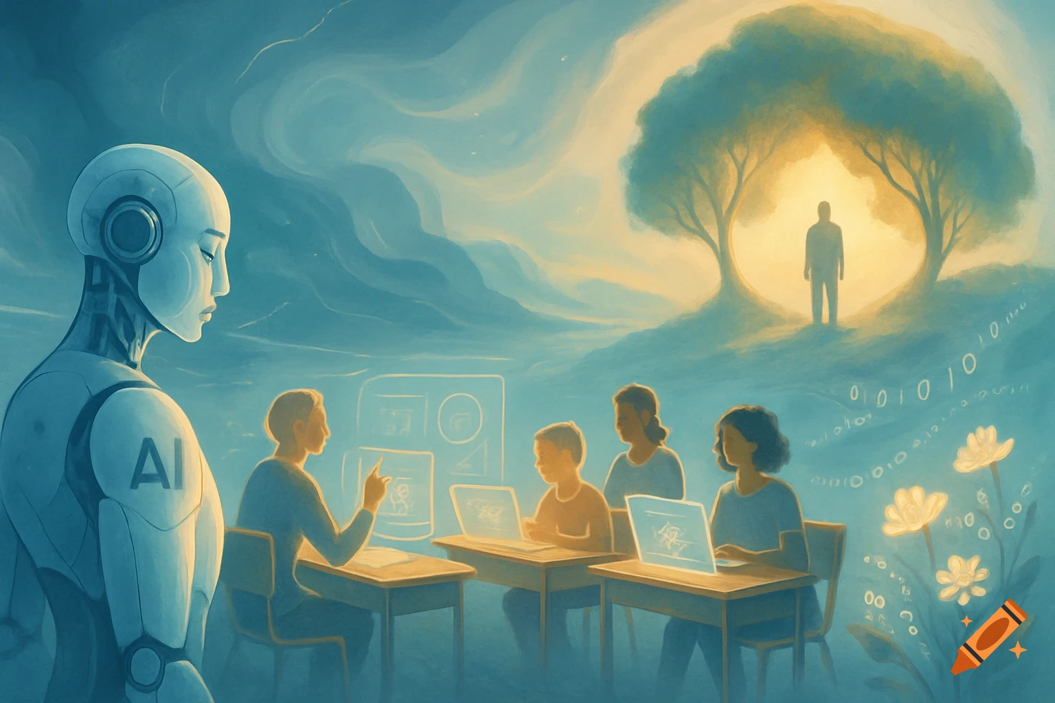 A stylized painting showing a large robot observing a group of people at desks with laptops, with binary code and a glowing tree with a human silhouette in the background.