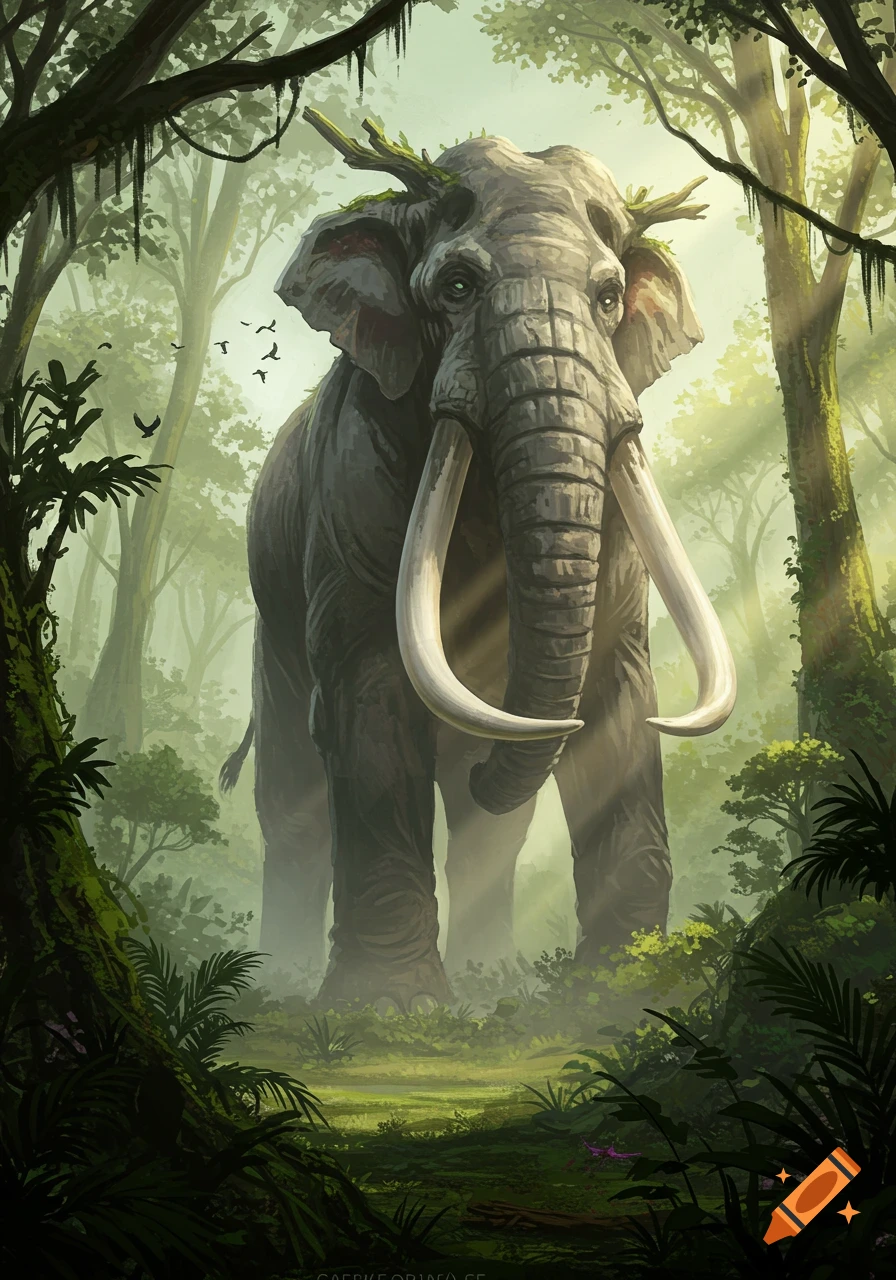 A giant, majestic elephant with large tusks stands in a misty, lush green jungle with sunlight filtering through the trees. Fantasy art style.