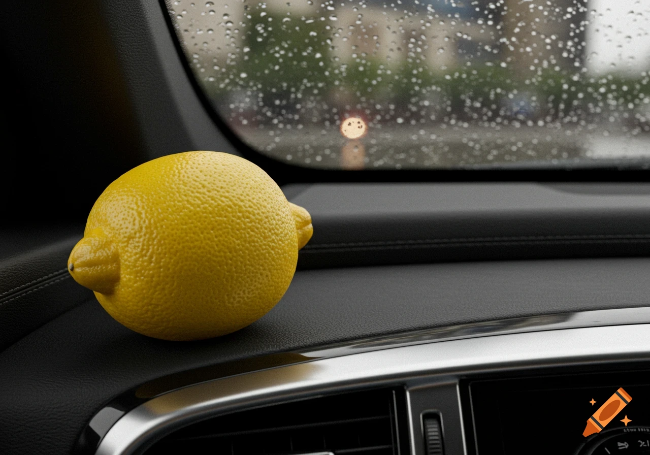 A bright yellow lemon sits on the dashboard of a car, with a rain-speckled windshield in the background.
