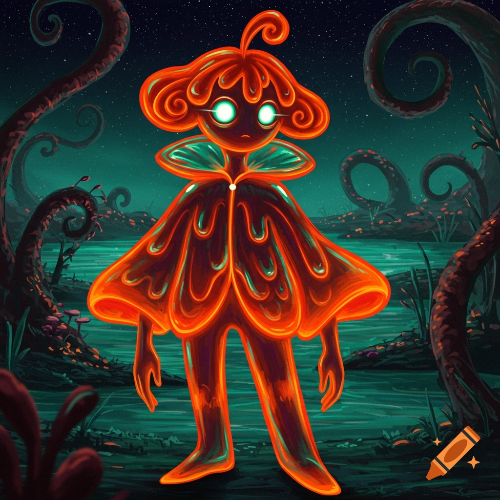A glowing, orange, jelly-like creature with green eyes stands in an alien swamp under a starry night sky, surrounded by twisted plants.
