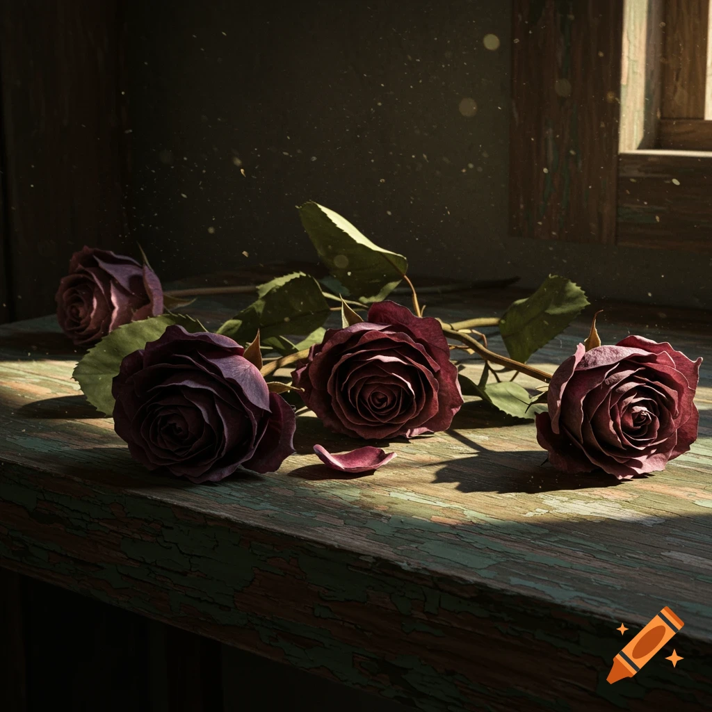 Dark, wilting roses on a weathered wooden table in a sunlit room.