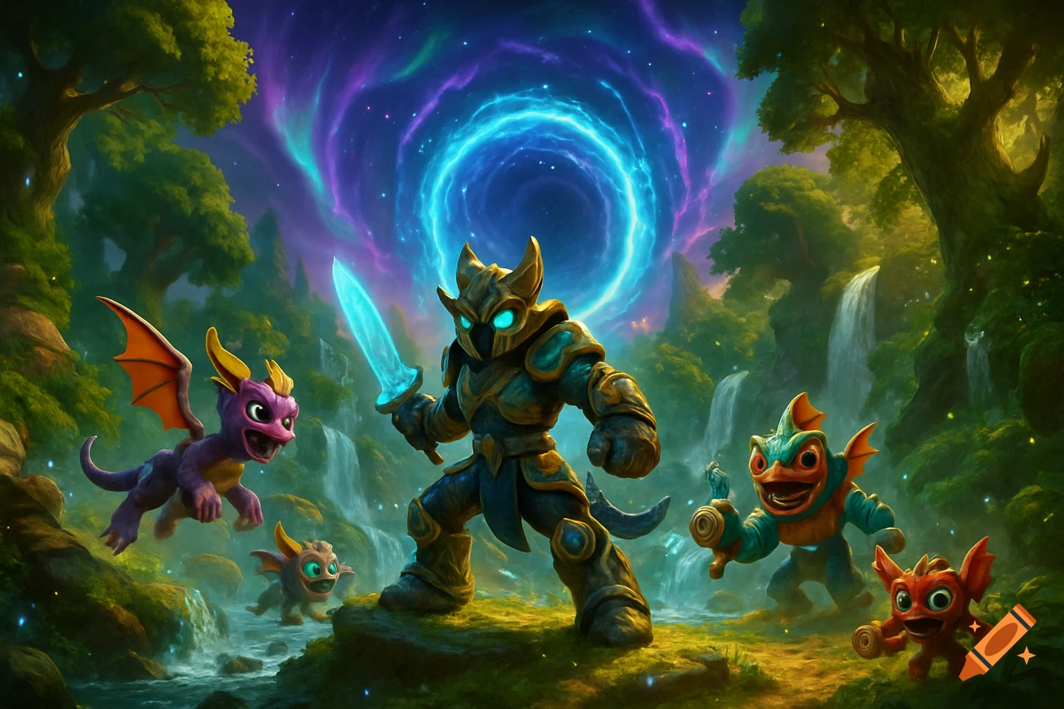 A purple dragon, an armored knight with a glowing sword, and other creatures in a vibrant fantasy forest with waterfalls and a blue portal.