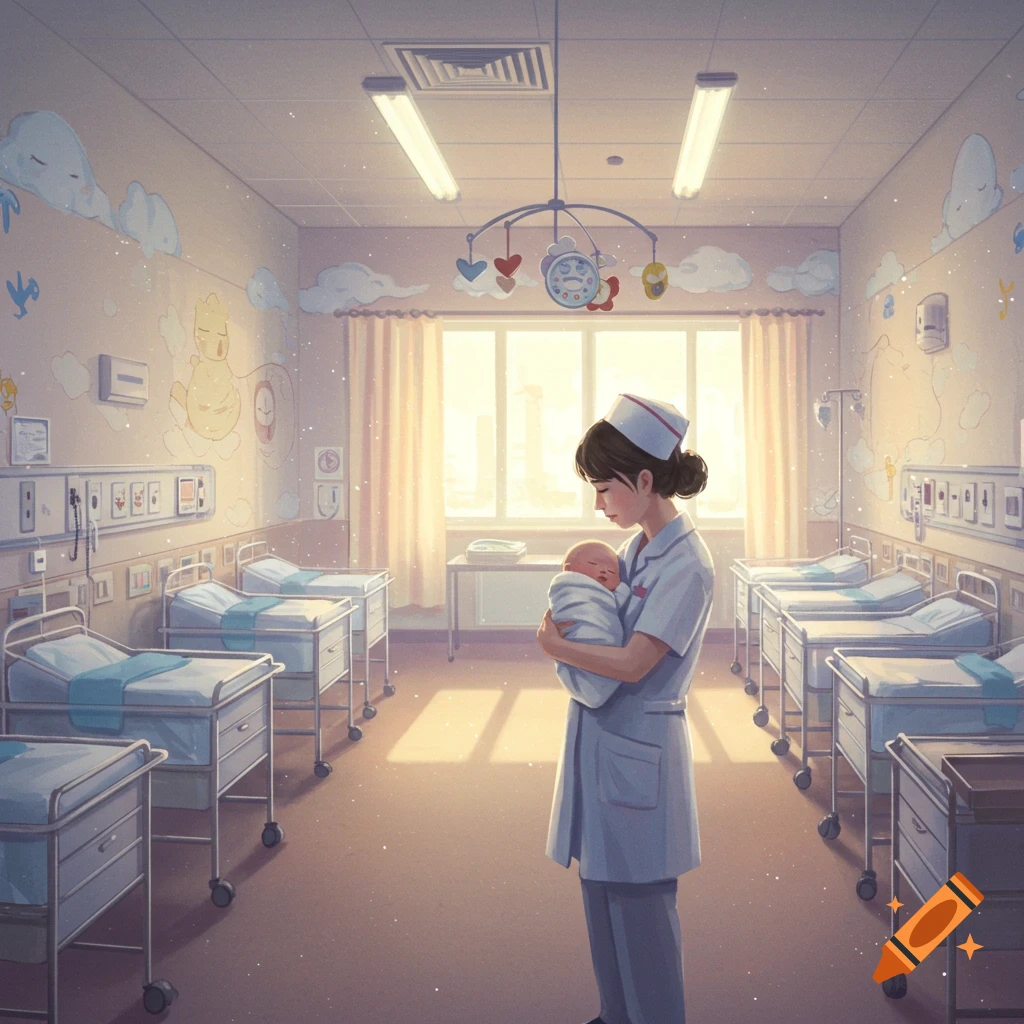 A nurse gently holds a swaddled newborn baby in a sunlit hospital nursery filled with several empty bassinets. Digital art style.