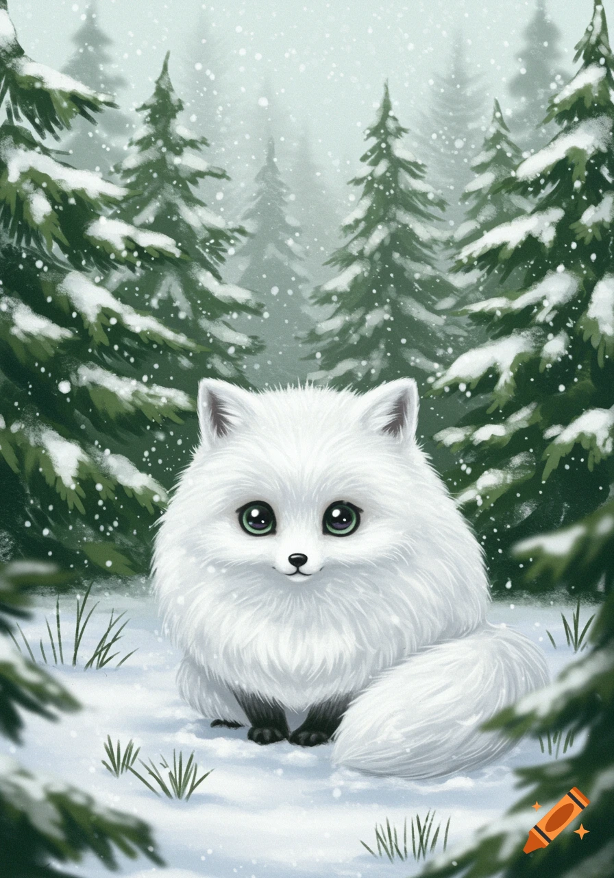 Cute fluffy white fox with big green eyes in a snowy forest, digital illustration.