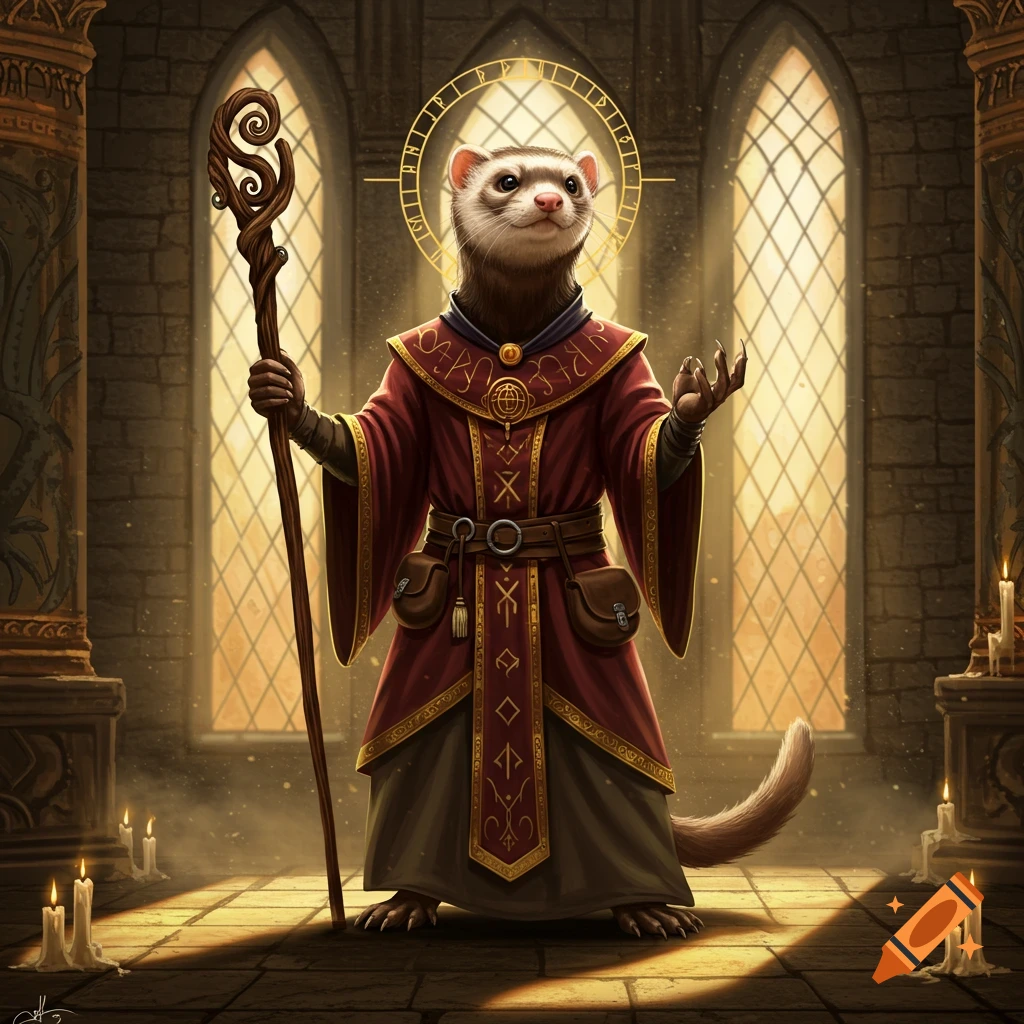 A humanoid ferret in red cleric robes holds a staff in a church with stained glass windows and candles, with a golden halo of runes.