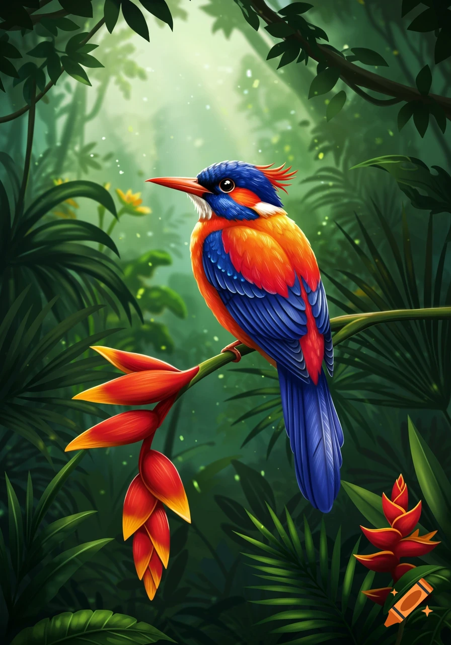 A brightly colored bird with orange, blue, and red feathers perches on a branch with tropical flowers in a lush jungle.