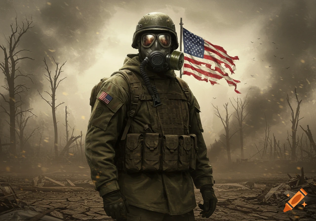 An American soldier in a gas mask stands in a desolate, war-torn landscape with a tattered American flag behind him.