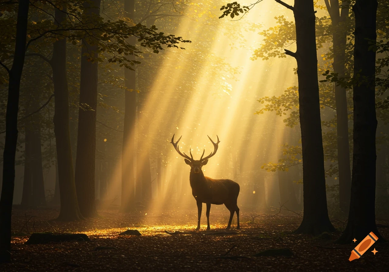 A majestic buck stands silhouetted by golden sun rays streaming through the trees in a misty forest, photorealistic style.